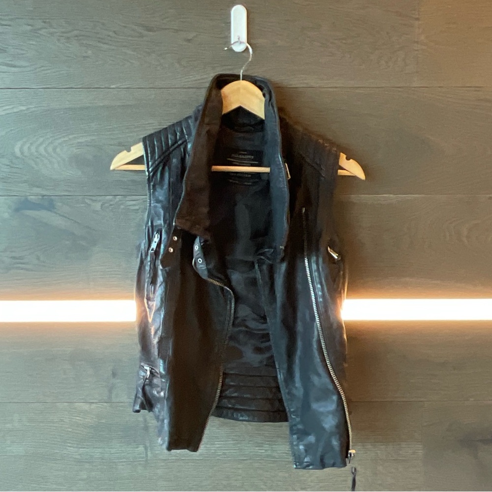 AllSaints Lamb Leather Biker Moto Jacket Sleeveless Vest Quilted Collar Vents - Picture 5 of 7